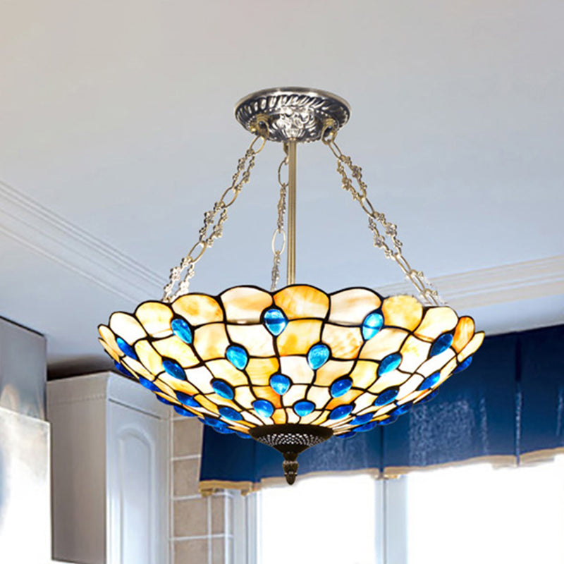 Stained Glass Semi Flush Ceiling Light with Jewel Decoration - Retro Style, Yellow/Beige, Various Sizes - Perfect for Bedrooms