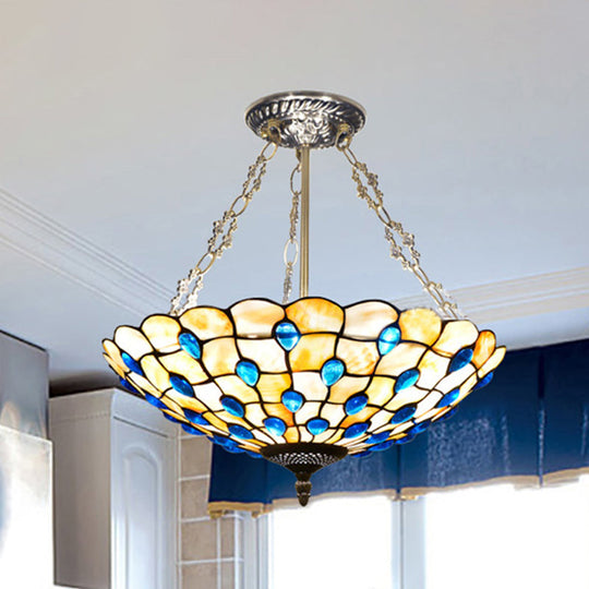 Stained Glass Semi Flush Ceiling Light With Jewel Decoration - Retro Style Yellow/Beige Various