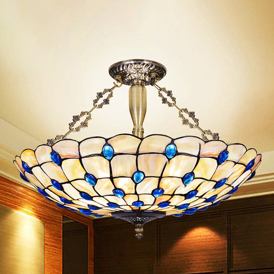 Stained Glass Semi Flush Ceiling Light with Jewel Decoration - Retro Style, Yellow/Beige, Various Sizes - Perfect for Bedrooms