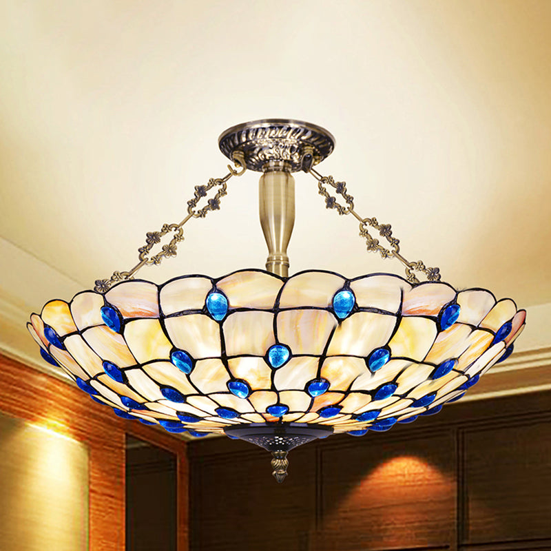 Stained Glass Semi Flush Ceiling Light With Jewel Decoration - Retro Style Yellow/Beige Various