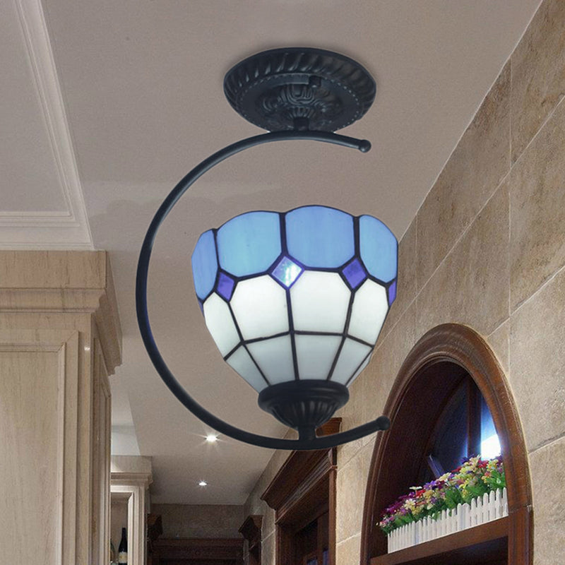 Sky Blue Tiffany Glass Semi Flushmount Ceiling Lamp - Bedroom Grid Dome Art Light