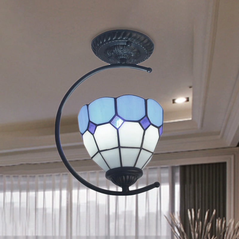 Sky Blue Tiffany Glass Semi Flushmount Ceiling Lamp - Bedroom Grid Dome Art Light