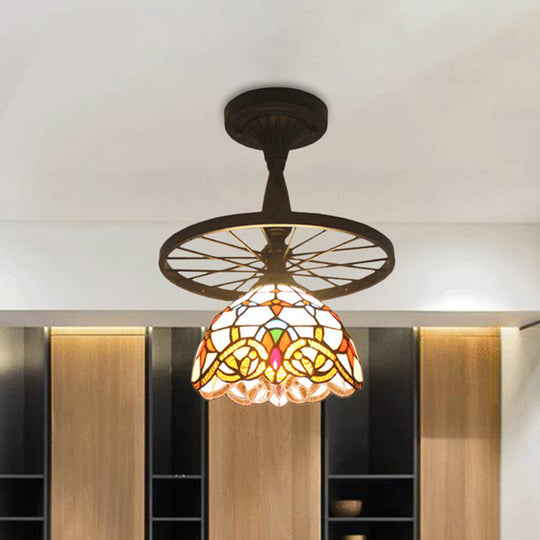 Tiffany Domed Semi Flush Mount Light: Wheel 1 Bulb Stained Glass Ceiling Light (Orange/Beige) for Bedroom