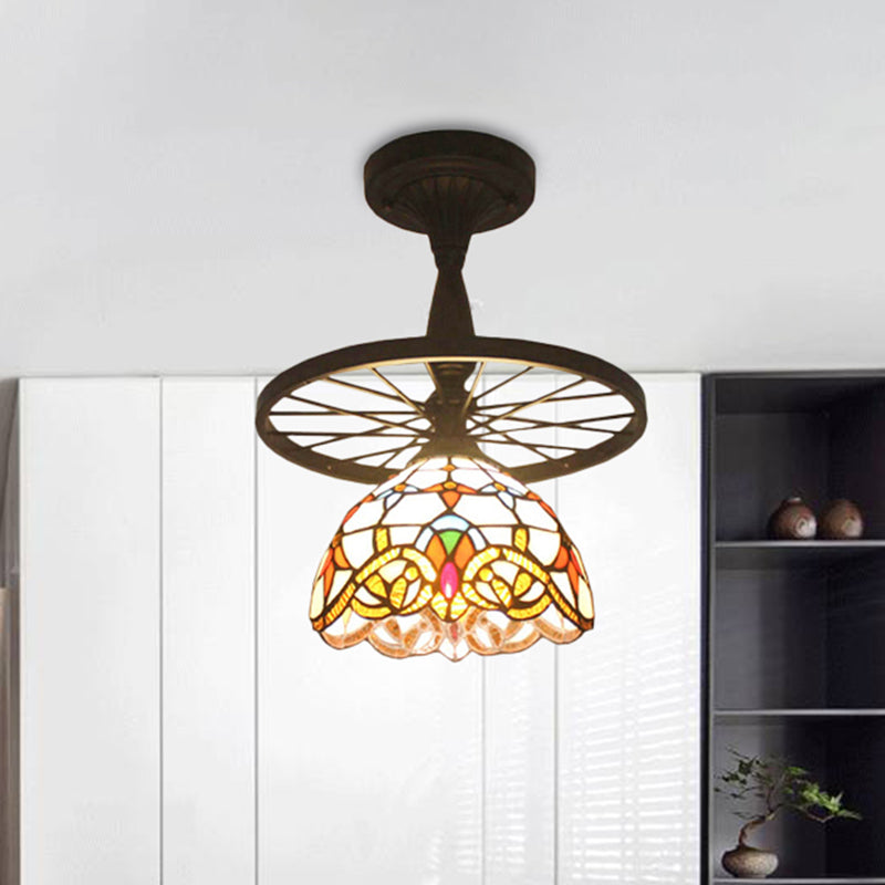 Tiffany Domed Semi Flush Mount Light: Wheel 1 Bulb Stained Glass Ceiling Light (Orange/Beige) For