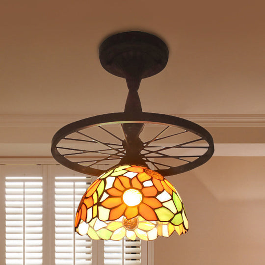 Tiffany Domed Semi Flush Mount Light: Wheel 1 Bulb Stained Glass Ceiling Light (Orange/Beige) for Bedroom