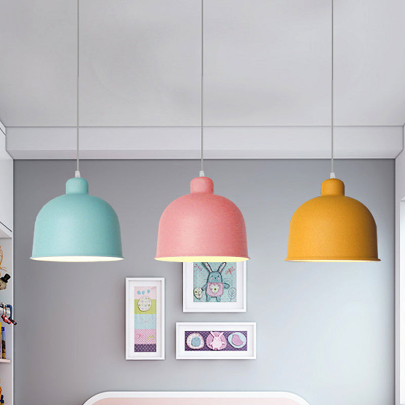 Macaron Style Metal Pendant Light For Dining Room - Single Head Bowl Shape Hanging Lamp