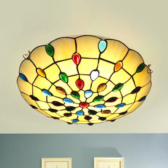 Rustic Loft Stained Glass Flush Mount Light in Beige/Yellow - 12"/16"/19.5" Diameter - Bedroom Ceiling Fixture with Jewel Decoration