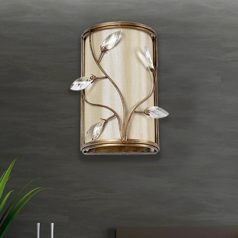 Vintage Metal Cylinder Wall Lamp Sconce With Crystal Leaf Deco In Brass Finish - 1/3-Light Lighting