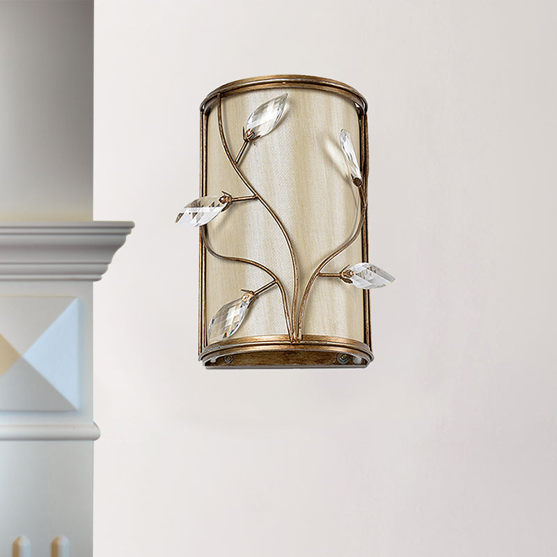 Vintage Metal Cylinder Wall Lamp Sconce With Crystal Leaf Deco In Brass Finish - 1/3-Light Lighting