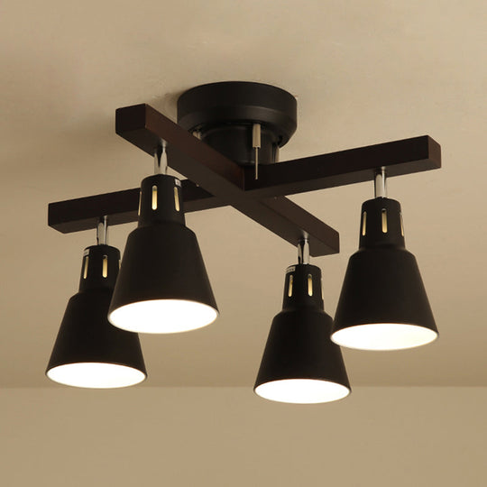 Modern Monochrome Bucket Shade Semi Flush Ceiling Light – 4 Lights Metallic Lamp for Bedroom