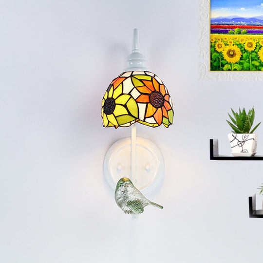 Tiffany Dome Stained Glass Wall Sconce With Square/Sunflower/Diamond Pattern - White / Sunflower