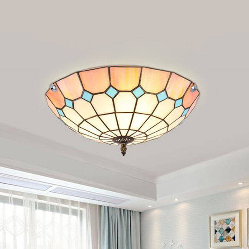 12"/16"/19.5" Wide Pink Tiffany Ceiling Light with Grid Glass Bowl Shade - Perfect for Living Room or Bedroom