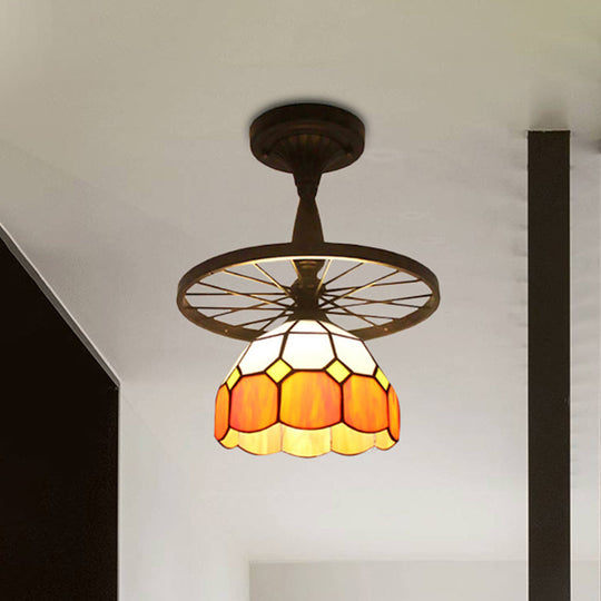 1 Head Tiffany Antique Glass Semi Flush Mount Ceiling Light In Orange For Hallway With Grid Dome