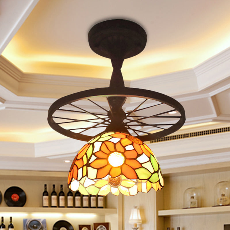 1 Head Tiffany Antique Glass Semi Flush Mount Ceiling Light in Orange for Hallway with Grid Dome Design and Decorative Patterns