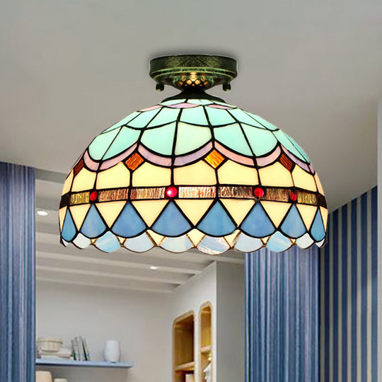 Tiffany Style Stained Glass Flush Ceiling Light with Scalloped Bowl Design