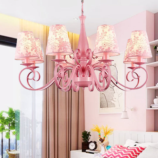 8-Head Tapered Shade Chandelier With Pink Metal Pendant For Hotel & Restaurant