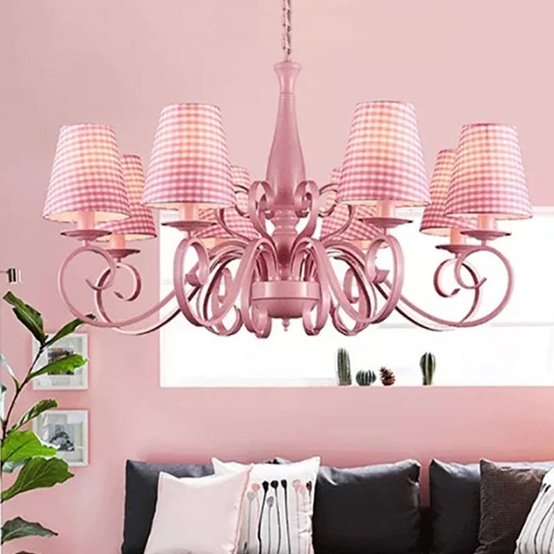 8-Head Tapered Shade Chandelier With Pink Metal Pendant For Hotel & Restaurant