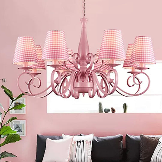 8-Head Tapered Shade Chandelier With Pink Metal Pendant For Hotel & Restaurant / Trellis