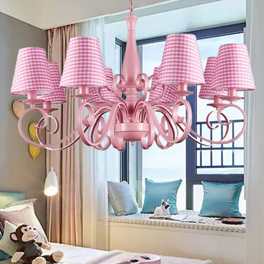 8-Head Tapered Shade Chandelier With Pink Metal Pendant For Hotel & Restaurant