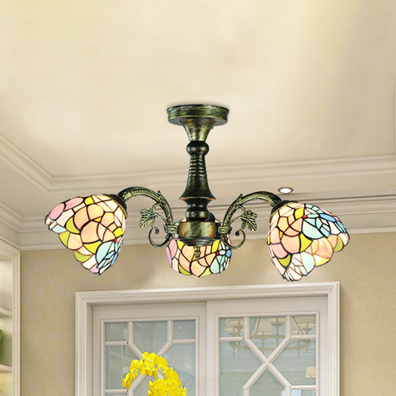 Antique Bronze Stained Glass Pendant Lighting: Leaf/Peacock Tail/Flower Tiffany Style, 3/5 Lights