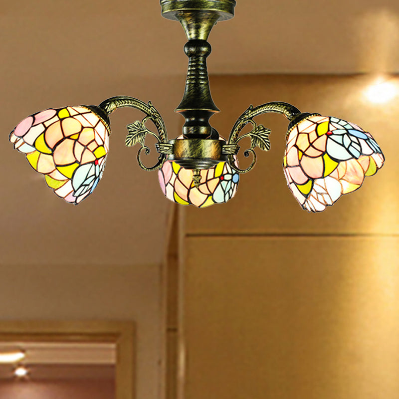 Antique Bronze Stained Glass Pendant Lighting: Leaf/Peacock Tail/Flower Tiffany Style, 3/5 Lights