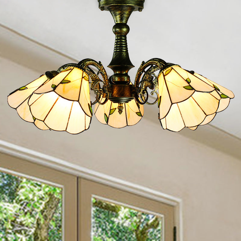 Antique Bronze Stained Glass Pendant Lighting: Leaf/Peacock Tail/Flower Tiffany Style, 3/5 Lights