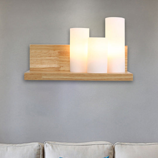 3-Head Contemporary Tube Shade Wall Lamp With Wooden Shelf Perfect For Cloth Shop