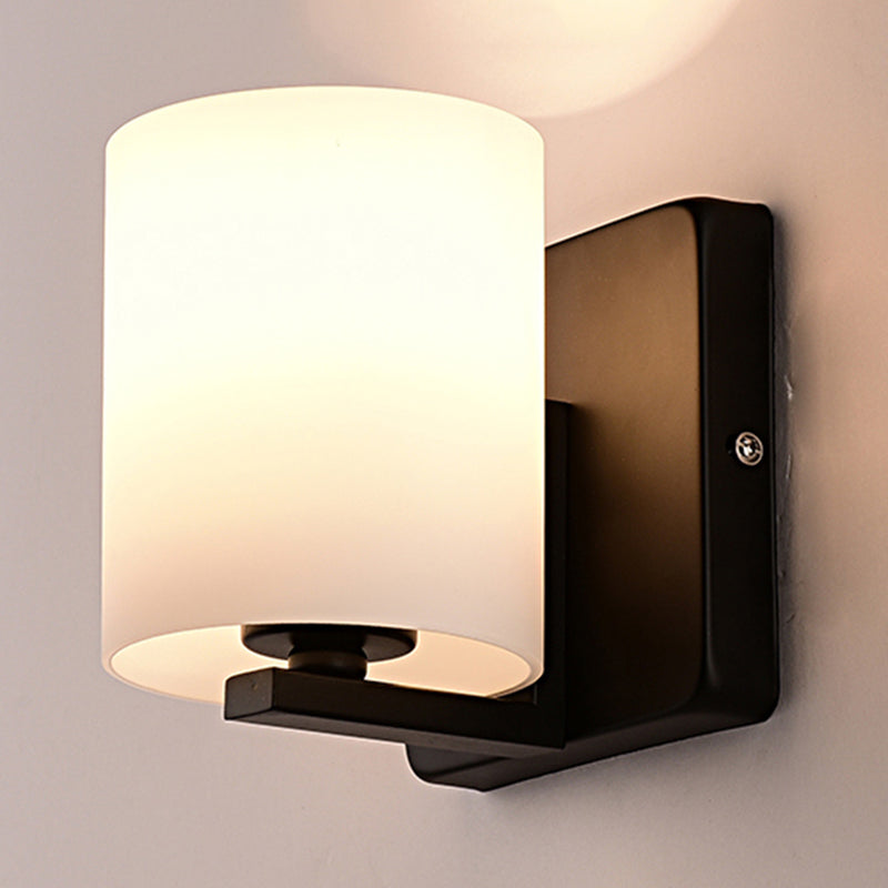 Modern 1-Light White Shade Sconce With Black Base Milk Glass Wall For Living Room / B