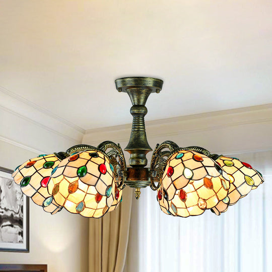 Vintage Rustic Stained Glass Chandelier With Multi Light Suspension - Bronze Finish / Down Peacock