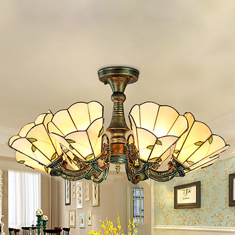 Rustic Stained Glass Chandelier with Multi-Light Suspension & Bronze Accents