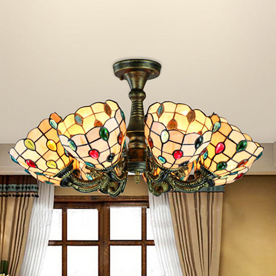 Rustic Stained Glass Chandelier with Multi-Light Suspension & Bronze Accents