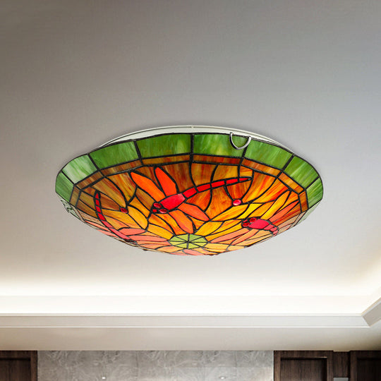 Dragonfly/Floral Stained Glass Flushmount Ceiling Light In Yellow - 3 Bulb Ideal For Living Room /