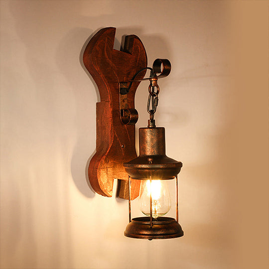 Coastal Clear Glass Lantern Sconce Light With Wooden Backplate - Rustic One-Light Fixture