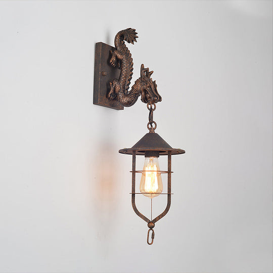 Traditional Metal Dragon Sconce: Caged Coffee Shop Wall Light Fixture With Rustic Charm