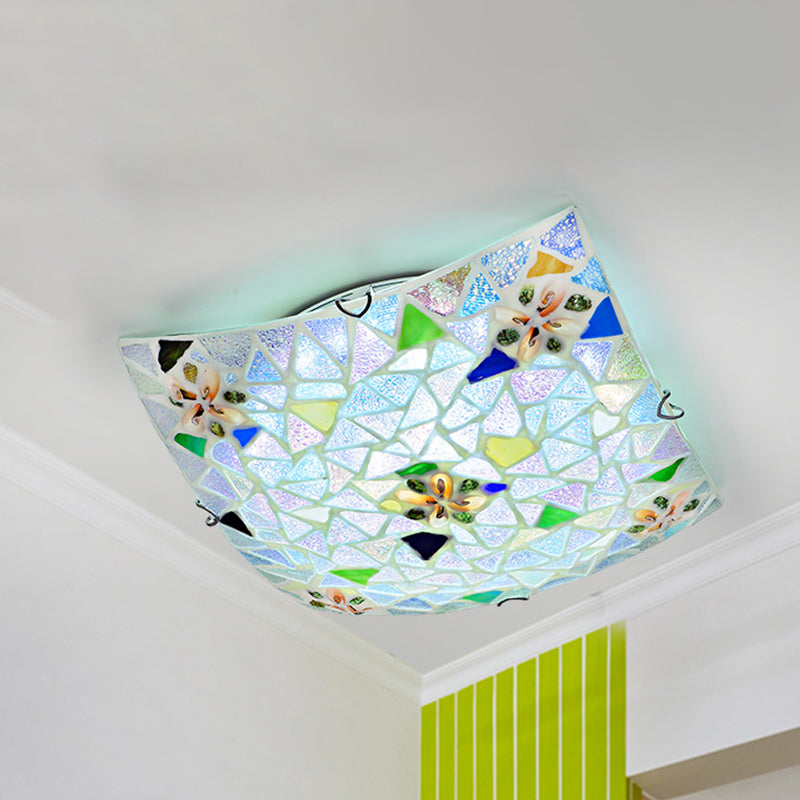 Tiffany Stained Glass Flush Light with Blue/White Convex Design - Perfect for Living Room (12"/16" Width)