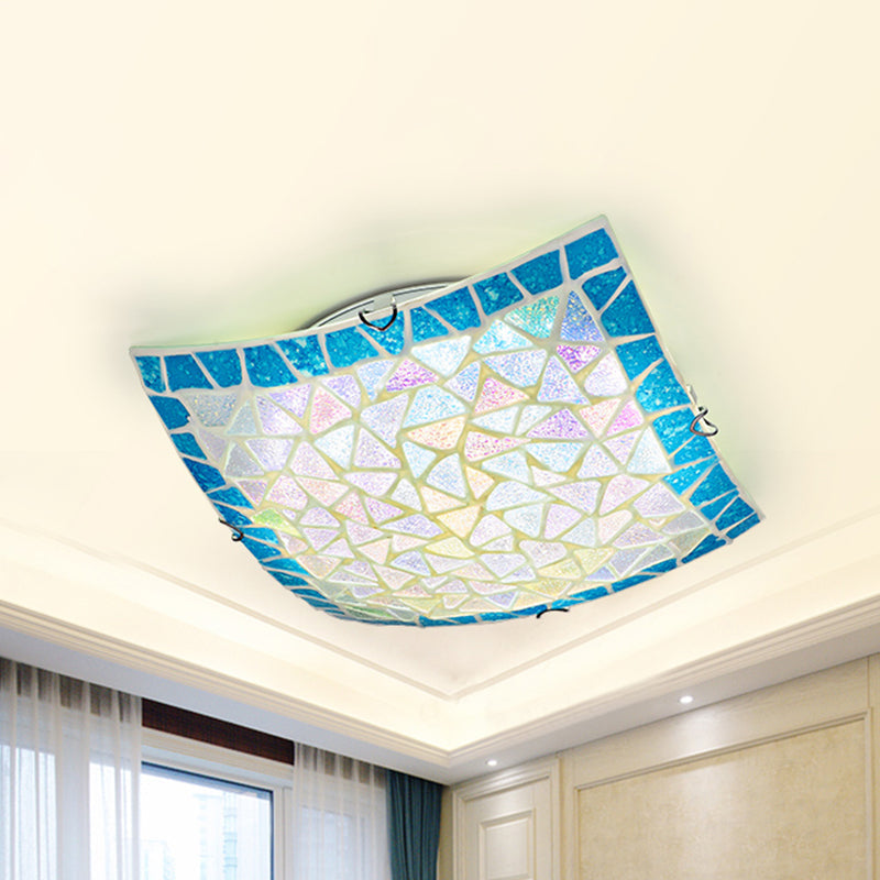 Tiffany Stained Glass Flush Mount Light - Blue/White Square Design 12/16 Width Perfect For Living