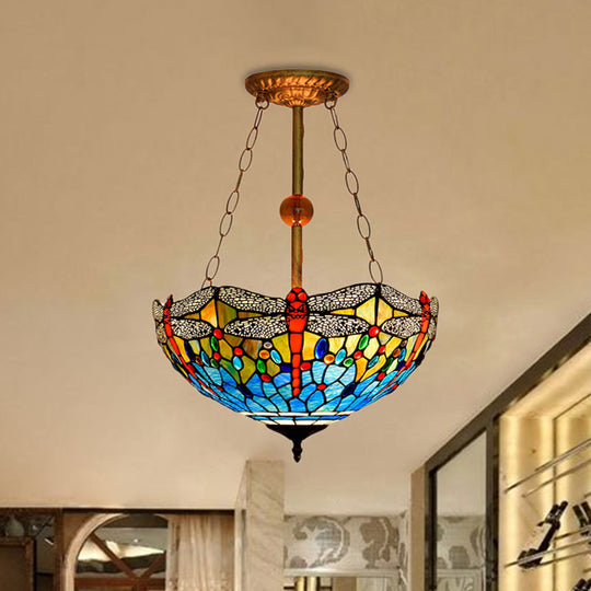 Inverted Pendant Lamp - Dragonfly Tiffany Rustic Stained Glass Chandelier (Red/Blue 3 Lights) Blue