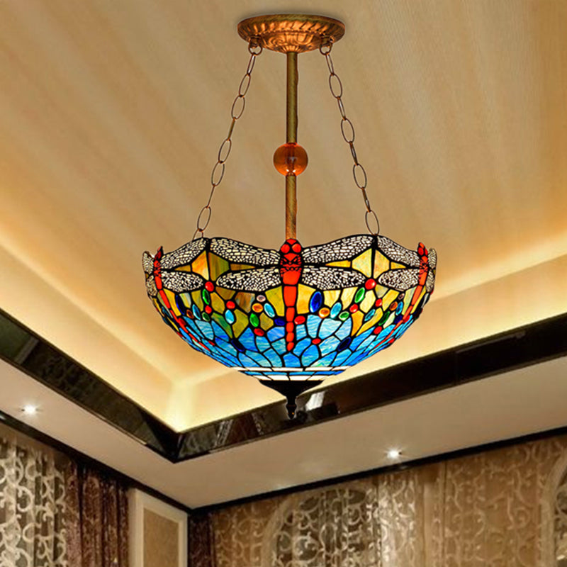 Inverted Dragonfly Tiffany Pendant Lamp - Rustic Stained Glass Chandelier with 3 Lights in Red/Blue