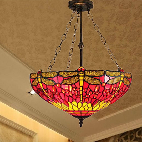 Inverted Pendant Lamp - Dragonfly Tiffany Rustic Stained Glass Chandelier (Red/Blue 3 Lights) Red