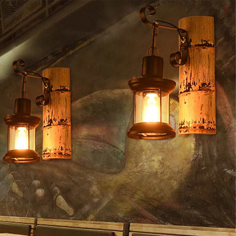 Clear Glass Lantern Wall Light - Industrial Dining Room Sconce In Black With Bamboo Backplate