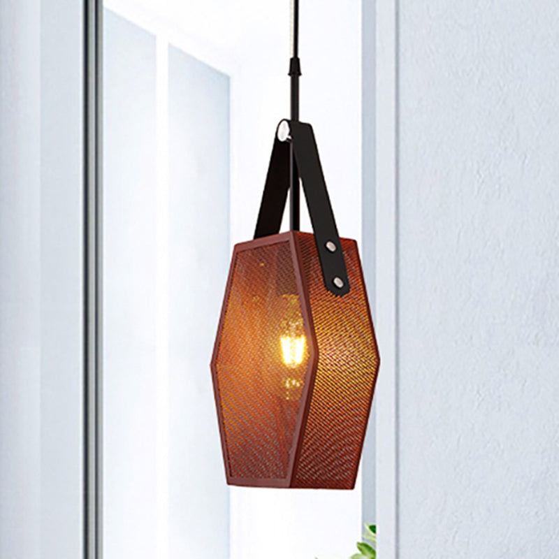 Hollow Brown Hexagon Hanging Lamp - Industrial Pendant Light for Restaurants