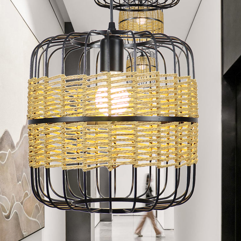 Vintage Metal Cage Suspended Lamp - 1 Light Pendant With Beige Rope Detail Corridor Lighting