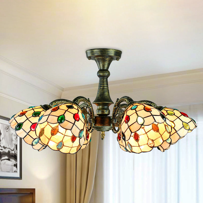 Vintage Tiffany Stained Glass Pendant Light Chandelier with Peacock Tail Design - 6 Lights, Antique Bronze