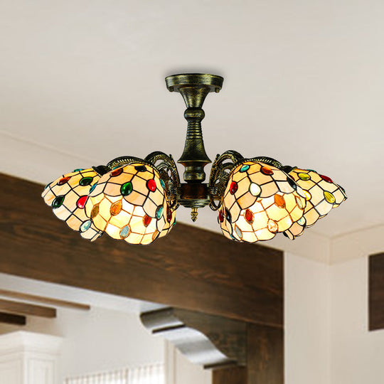 Vintage Tiffany Stained Glass Pendant Light Chandelier with Peacock Tail Design - 6 Lights, Antique Bronze