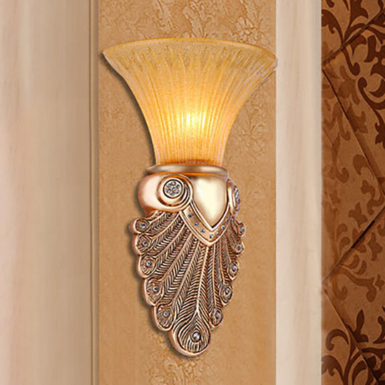 Antique Amber Prism Glass Wall Lamp - 1 Light Bedroom Sconce With Gold Peacock Tail Base 10/13 Wide