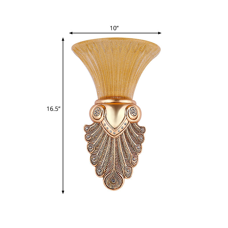 Antique Amber Prism Glass Wall Lamp - 1 Light Bedroom Sconce With Gold Peacock Tail Base 10/13 Wide