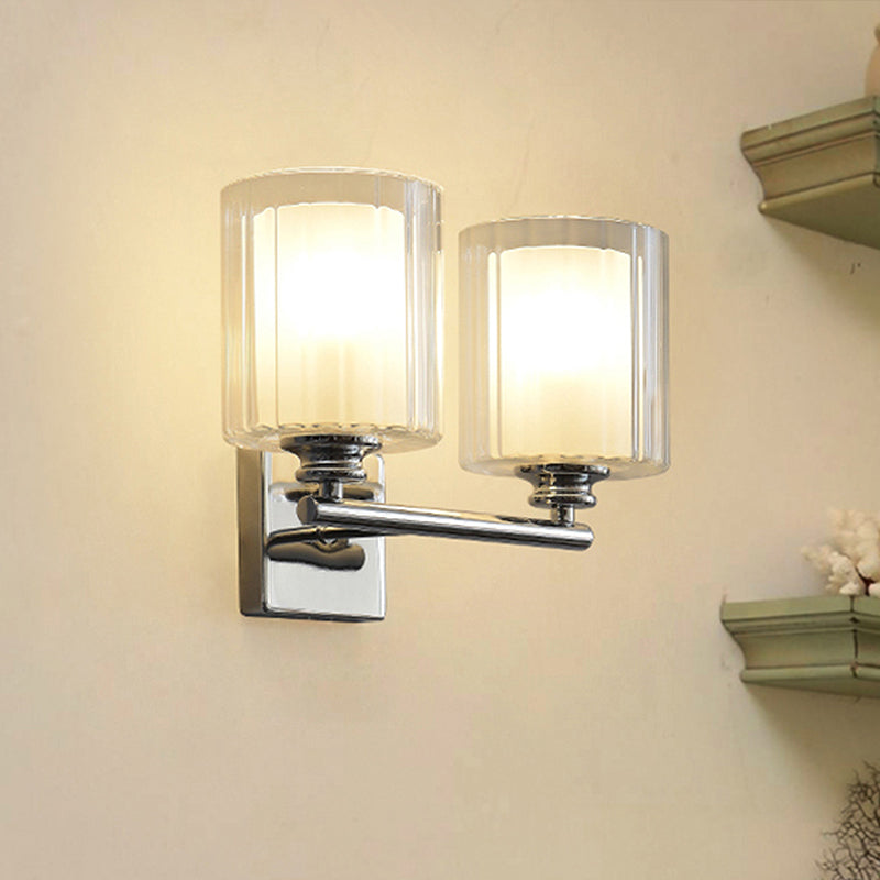 Modern White Wall Sconce Lighting Fixture With Clear Glass Cylinder Shade - 2 Bulbs