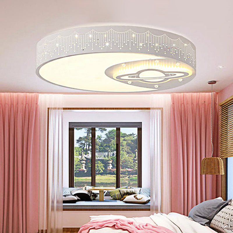 White Round Child Bedroom Ceiling Light with Moon and Planet Metal Flush Mount