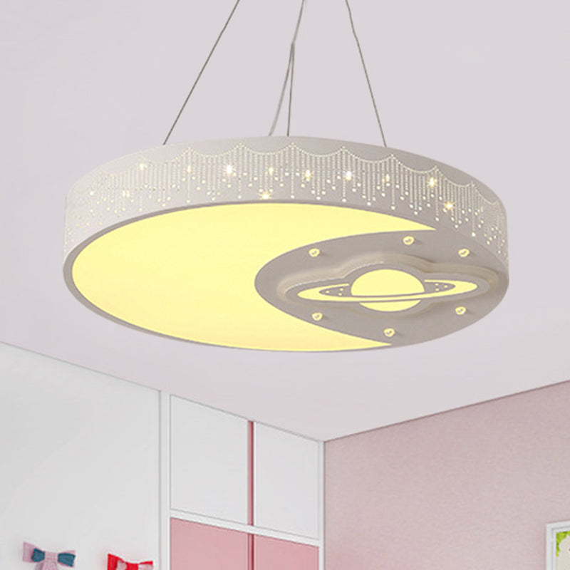 White Metal Round Pendant Light With Moon And Planet Design - Ideal Kids Chandelier For Living Room