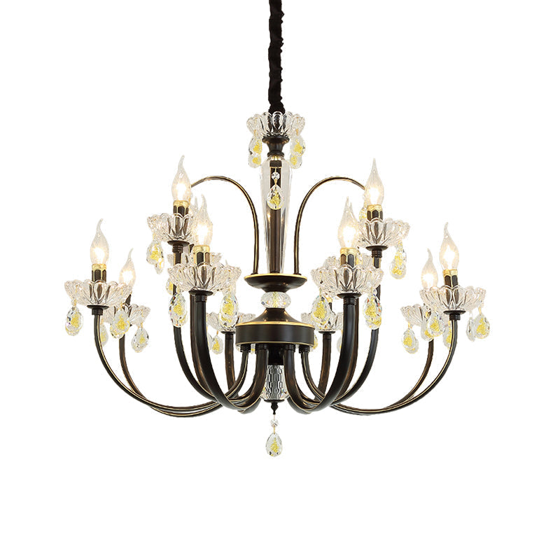 Rustic Metal Black Candle Chandelier: Elegant 12/15-Light Living Room Hanging Lamp With Crystal